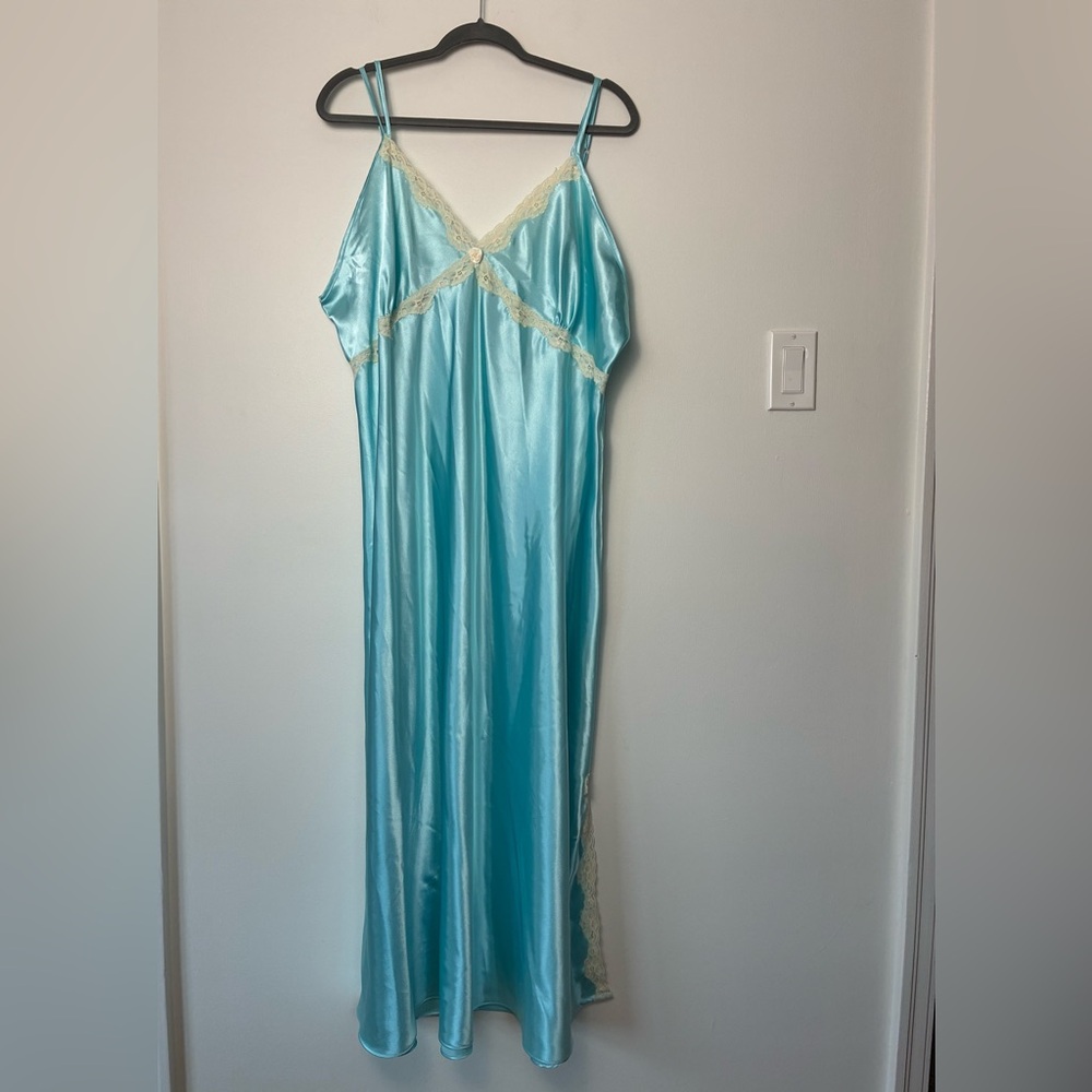 Vintage Aqua Blue Satin Nightgown with Cream Lace